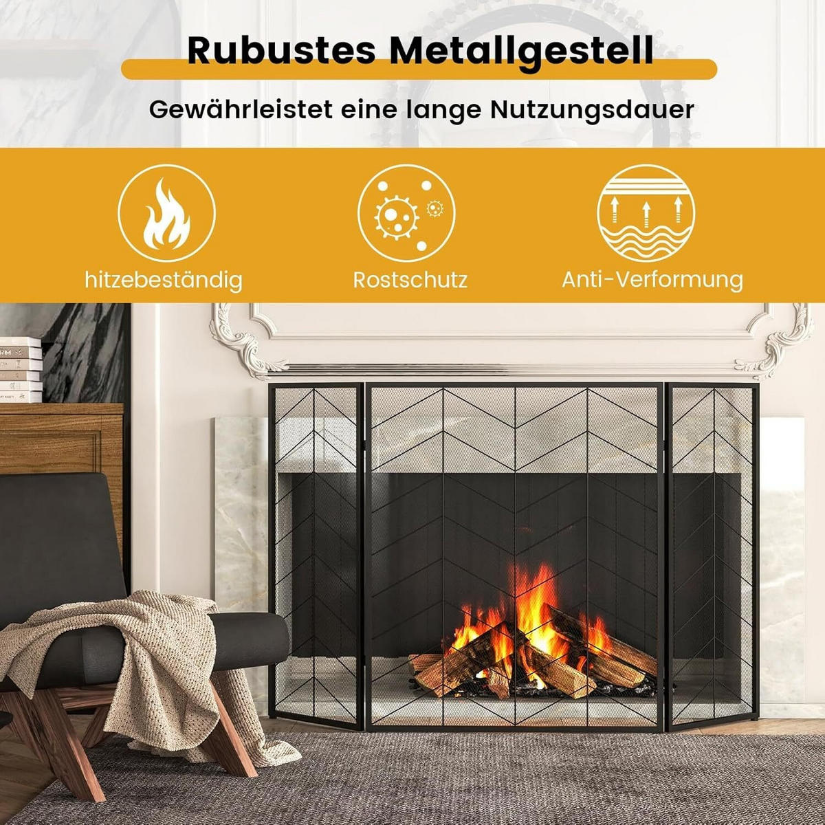 KAMINSCHIRM 132cm Schwarz - Schwarz, Metall (3/79/66cm) - COSTWAY