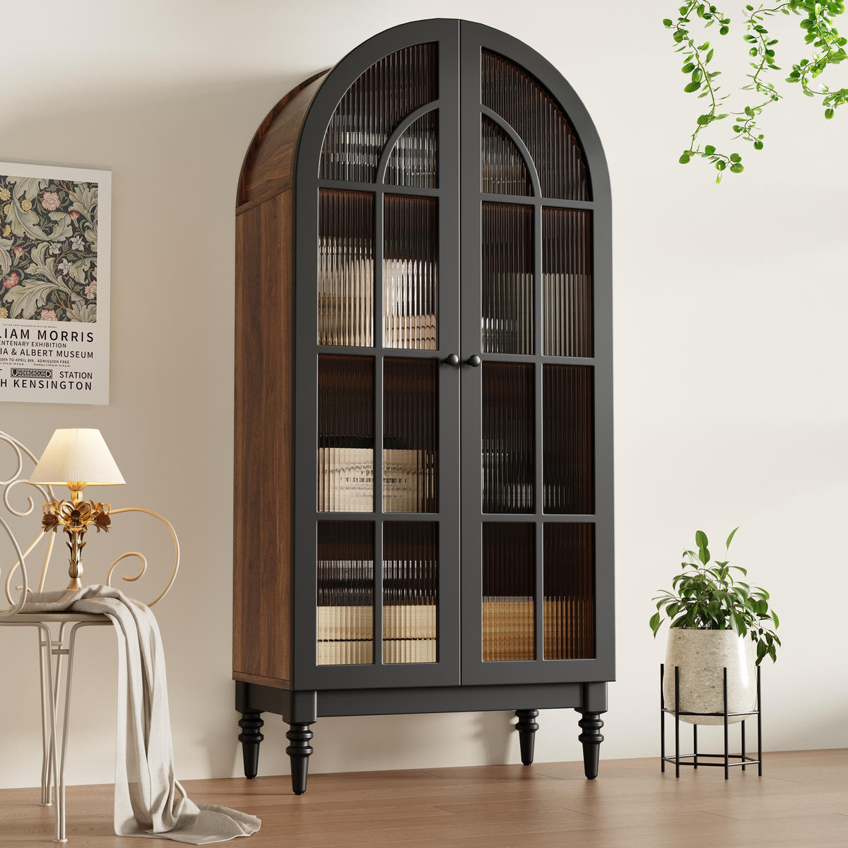 HOCHSCHRANK VITRINE Glastür Holzmaserung Bogen - Schwarz, Holzwerkstoff (76/165/35.5cm) - FLIEKS