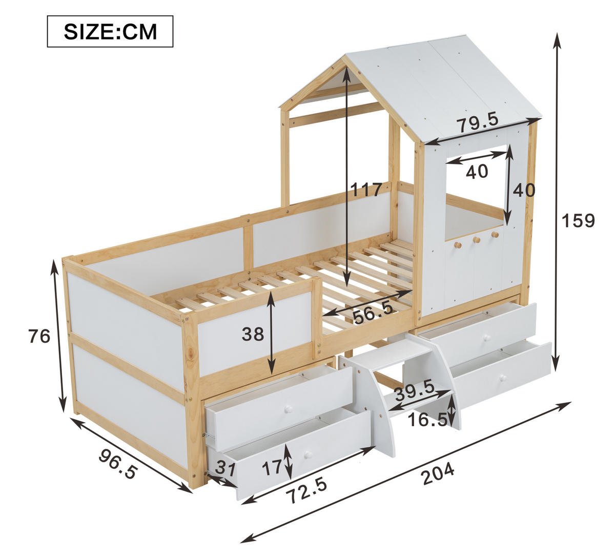 KINDERBETT aus Kiefer, MDF und Sperrholz 90x200 cm Weiß/Natur mit Dach, Fenster, 4 Schubladen und kleiner Treppe - Weiß, Holzwerkstoff (90/200cm) - Modfu