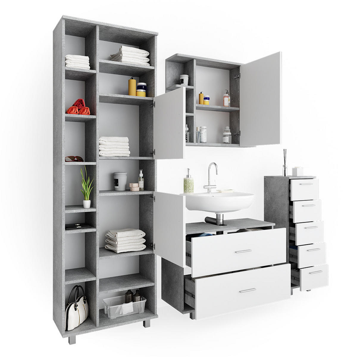 BADMÖBEL-SET Ilias Beton/Weiß 4 Teile, mit Hochschrank - Weiß/Grau, Holzwerkstoff (80.2/60.8/33cm) - Vicco
