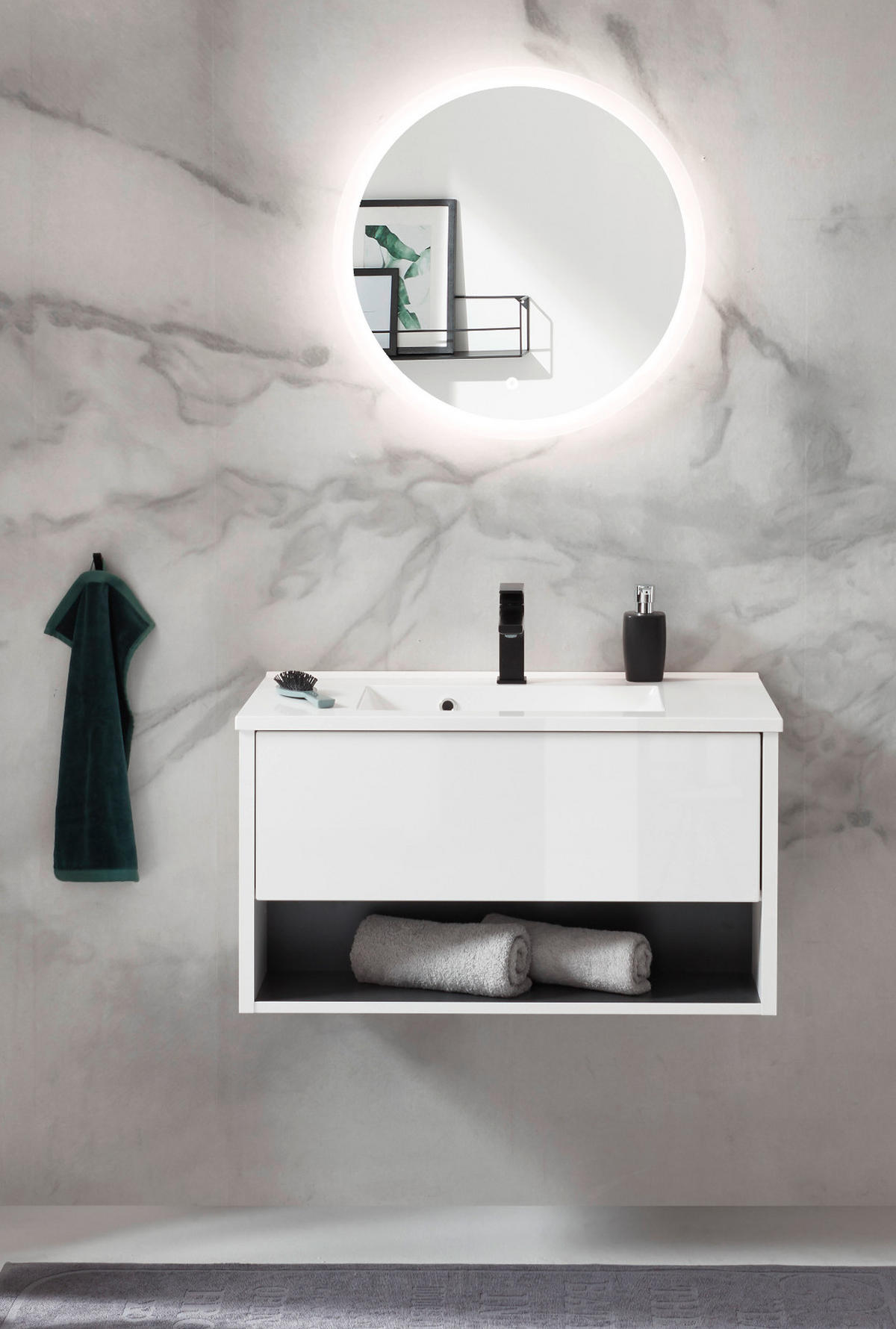 WASCHBECKENUNTERSCHRANK mit Waschbecken weiß Hochglanz, grau 80 cm hängend - Weiß Hochglanz/Grau, Holzwerkstoff/Metall (80/44/47cm) - Furn.Design