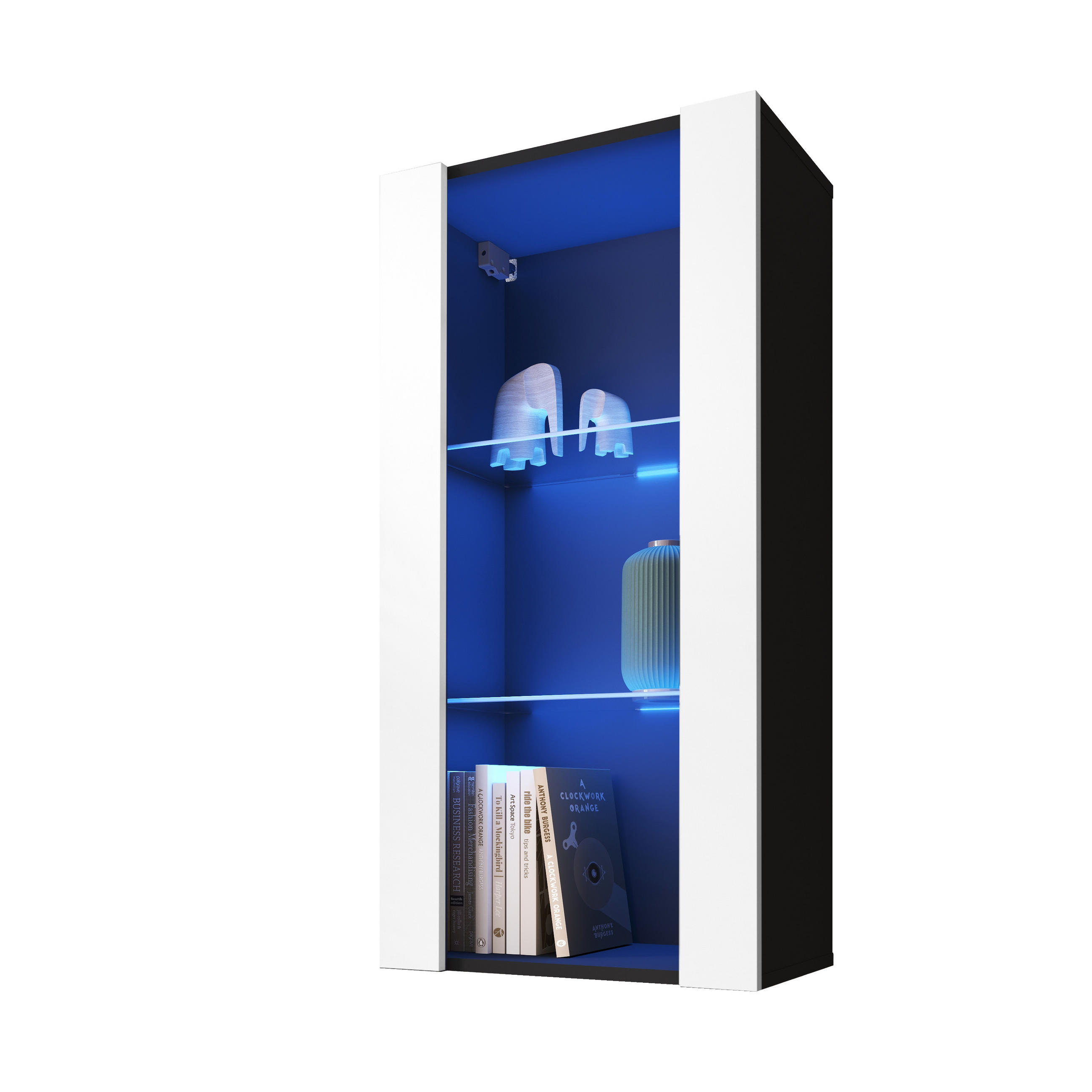HÄNGEVITRINE TIVOLI Vertical 100, Weiss, LED Blau - Schwarz/Weiß, Glas/Holzwerkstoff (50/100/29.5cm) - Komodee