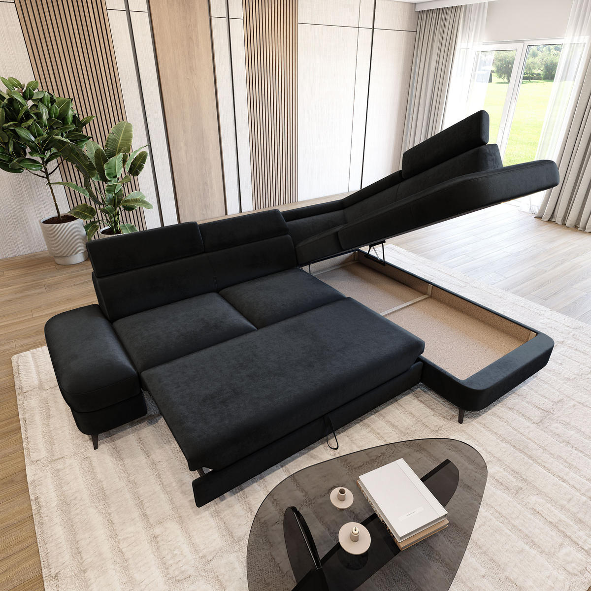 ECKSOFA AVISE M R-S Schwarz Velours-Stoff mit Schlaffunktion - Schwarz, Holzwerkstoff/Textil (268/195cm) - MASSENO