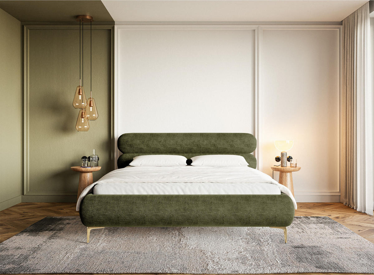 POLSTERBETT Roule Olivgrün Chenille mit goldenen Metallbeinen und Bettkasten 180 cm - Goldfarben/Olivgrün, Textil/Metall (180/200cm) - Selsey