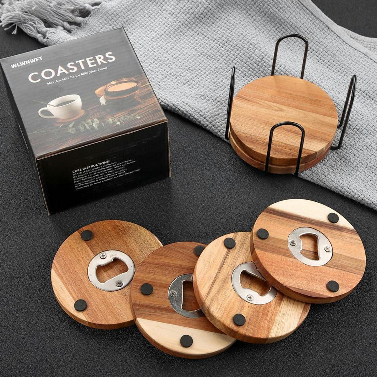UNTERSETZER Holz 6er Set mit Flaschenöffner - Braun, Holz (10/10cm)