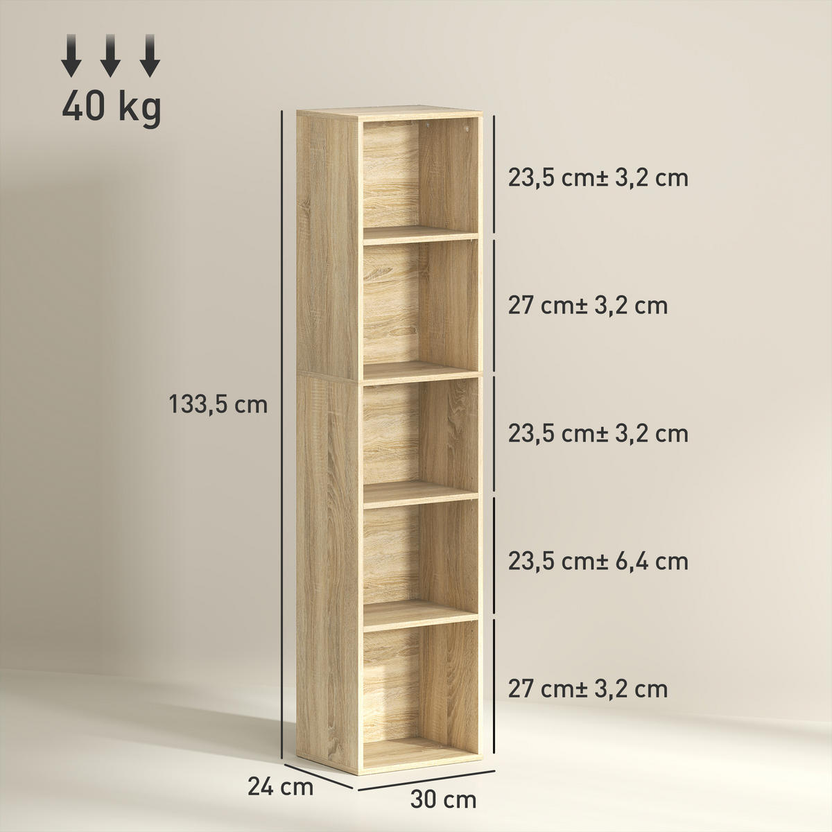 REGAL DE-15525 5 Stufen, 3 verstellbare Böden, 30/24/133 cm Natur - Naturfarben, Holzwerkstoff (30/133.5/24cm) - ComfortXL