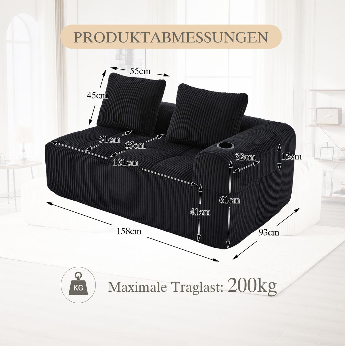 SOFA kompakt 158 x 93 x 61 cm Cord Black - Schwarz, Kunststoff (158.1/61/93cm) - Meubliv