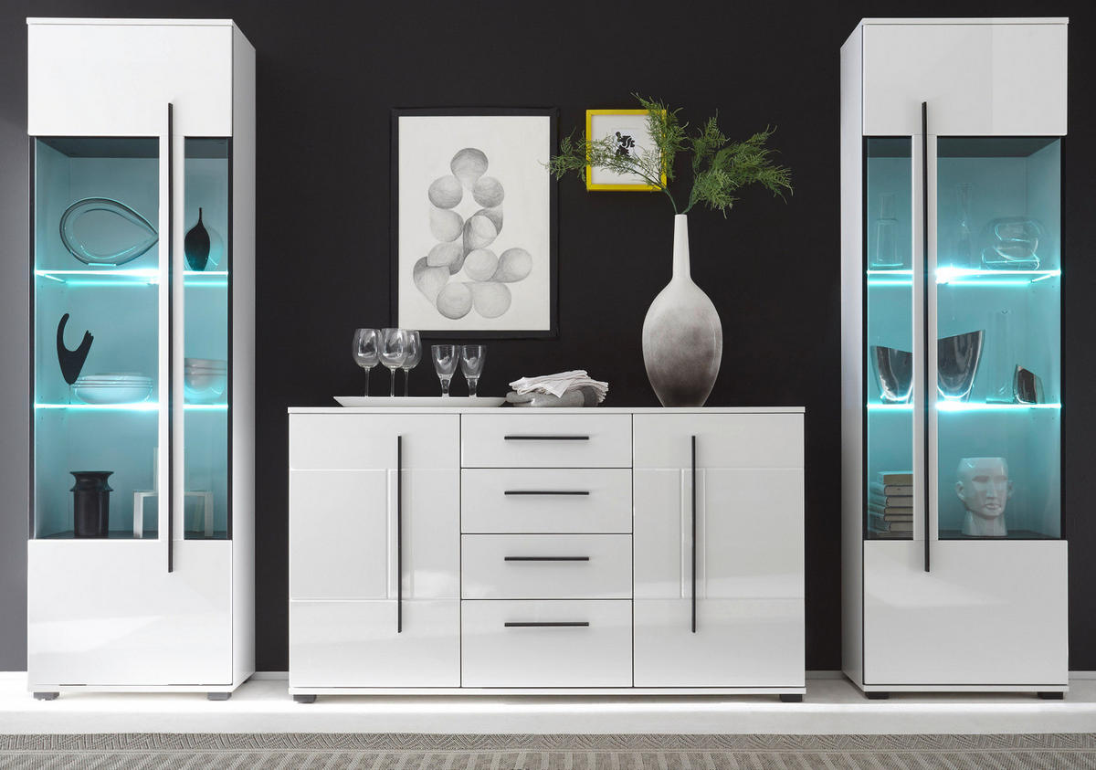 WOHNWAND weiß Hochglanz 3-teilig 290 cm, Anbauwand mit Soft-Close - Weiß Hochglanz/Schwarz, Glas/Holzwerkstoff (290/200/42cm) - Furn.Design