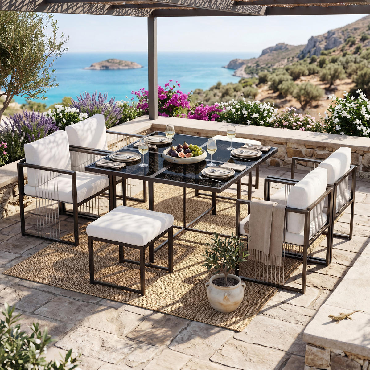 GARTENMÖBELSET 7tlg 6 Personen Glastisch Terrasse Outdoor - Multicolor, Metall - FLIEKS