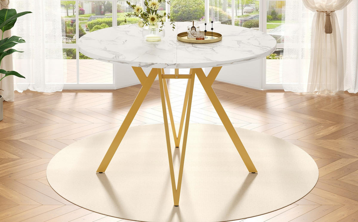 JEDÁLENSKÝ stôl 100/100/76 cm z MDF, zlatý s mramorovým dekorom - zlatá, kompozitné drevo (100/100/76cm) - BEAOK