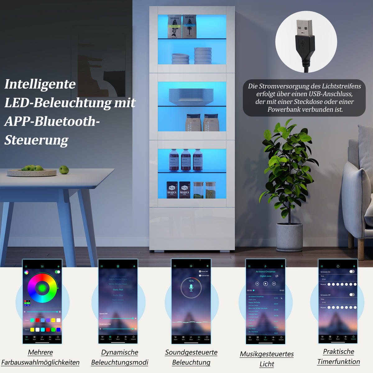 VITRINE LED Hochglanz Acryl Tür 3 Glasböden Weiß 173cm Highboard - Weiß, Glas (60/173/40cm) - FLIEKS
