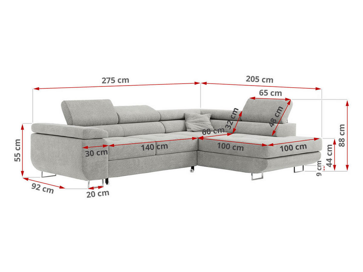 ROHOVÁ SEDAČKA GUSTAW L - Světle šedá Strukturovaná látka - Pravá Strana - stříbrná/světle šedá, kov/textil (205/275cm) - MKS