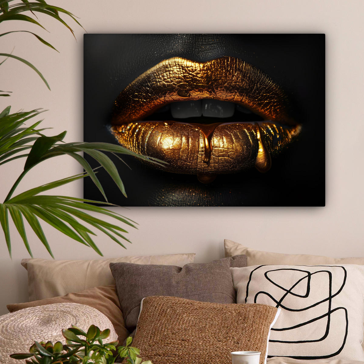 LEINWANDBILD Frau - Porträt - Lippen - Gold - Schwarz Wandbilder 80x60 cm - Schwarz, Textil (80/60cm) - MuchoWow
