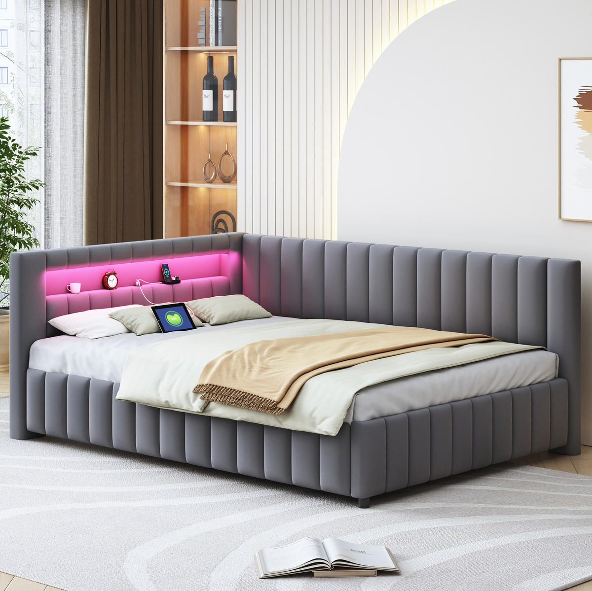 ČALÚNENÁ posteľ 140/200 cm s LED osvetlením, USB portom, opierkou chrbta a stabilným lamelovým roštom, Sivá - sivá, textil (140/200cm) - Redom