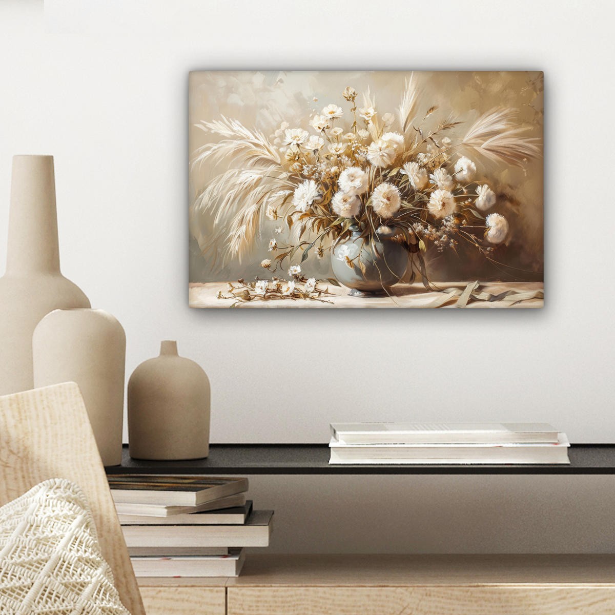 LEINWANDBILD Blumen - Vase - Stilleben - Beige Deko Schlafzimmer 30x20 cm - Creme, Textil (30/20cm) - MuchoWow