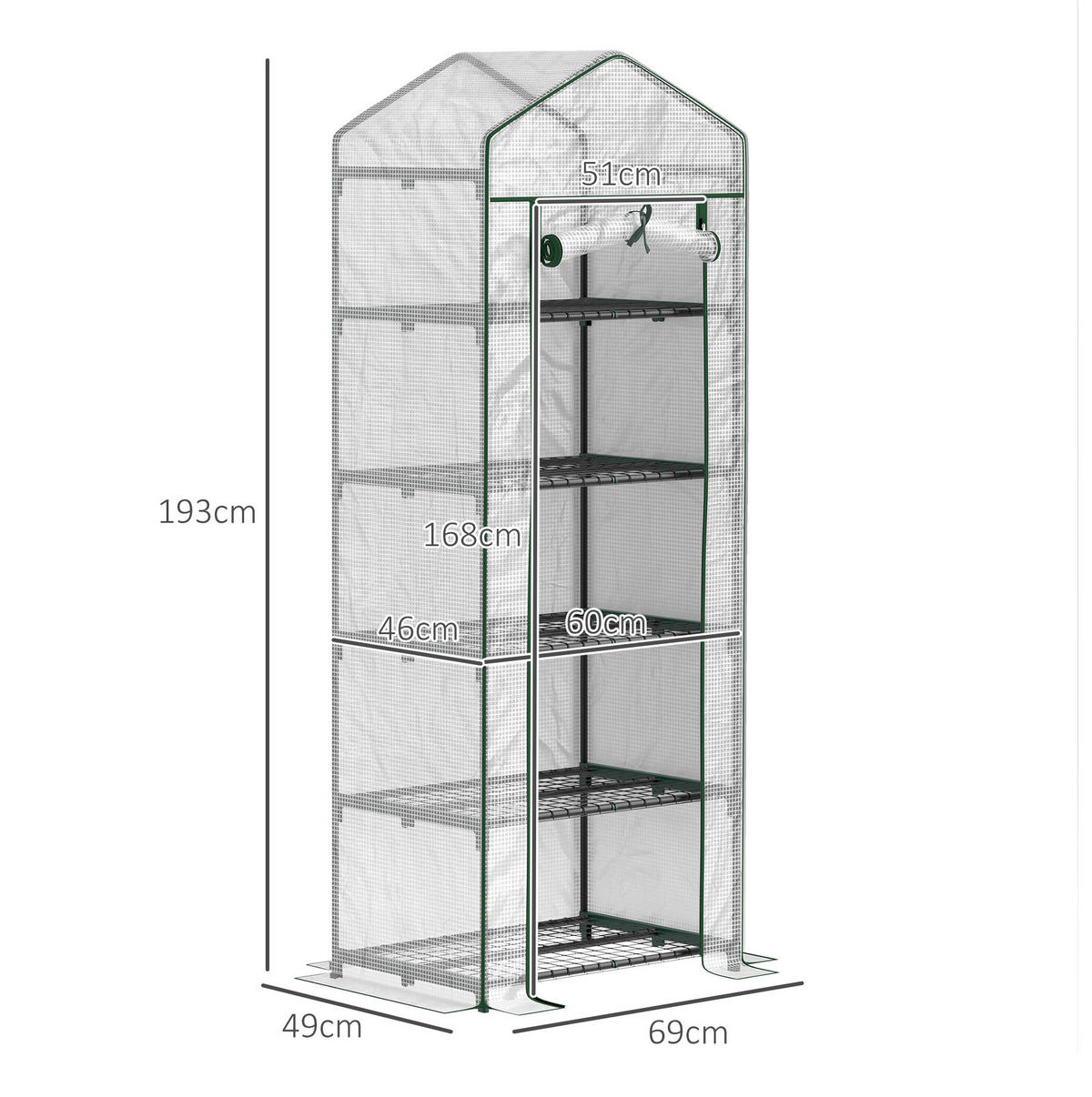 GEWÄCHSHAUS aus Stahl 69x49x193 cm in Weiß mit 5 Ebenen & Rolltür - Weiß, Metall (49/193/69cm) - Modfu