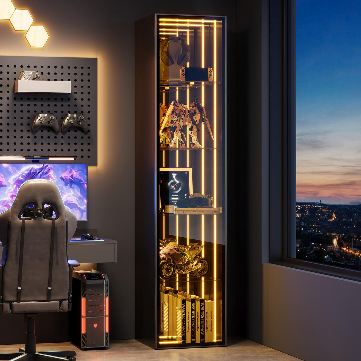 VITRINE Vitrinenschrank mit 5 Ebenen, LED-Beleuchtung, Spiegelrückwand & Glas Aluminiumtüren Schwarz - Transparent/Schwarz, Glas/Holzwerkstoff (30/160/30cm) - EVRYAE