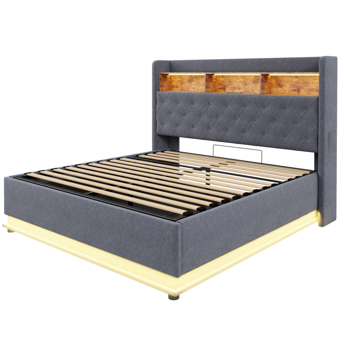 POLSTERBETT aus Leinenstoff 180/200 cm mit LED-Beleuchtung, USB-Anschluss und hydraulischem Stauraum, Grau - Grau, Textil (180/200cm) - Redom