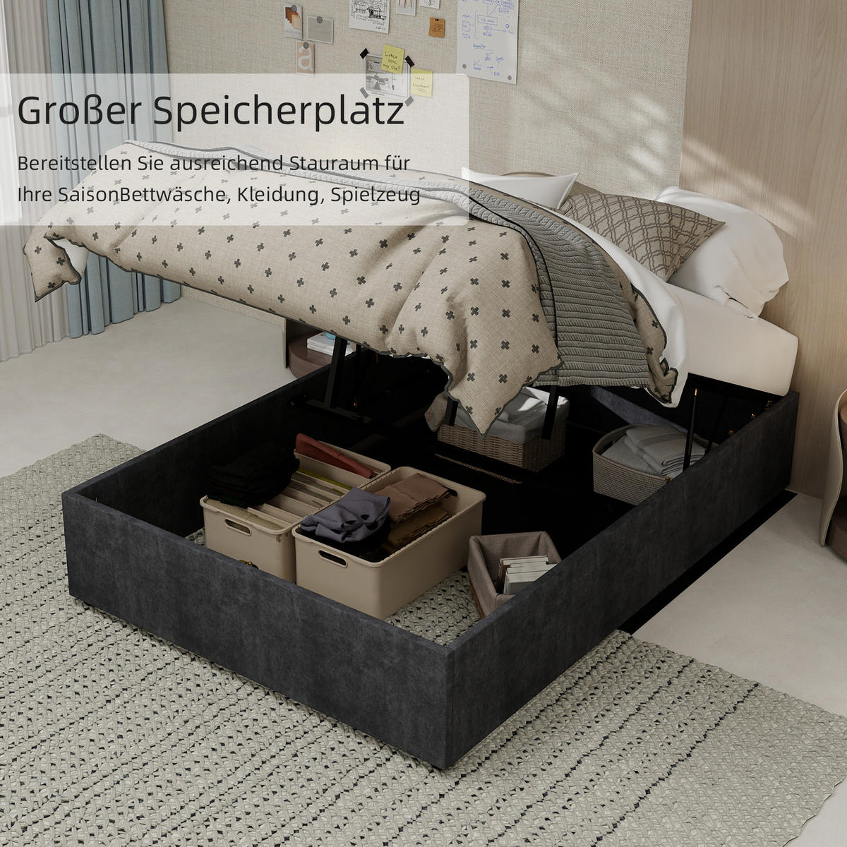 POLSTERBETT 140x200 cm Stauraum hydraulisch grau - Grau, Textil (140/200cm) - LEBENLANG