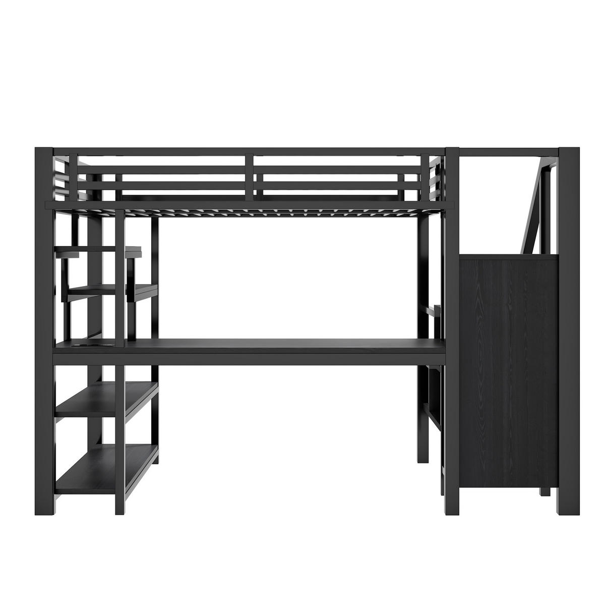 HOCHBETT aus Metall und MDF 140x200 cm Schwarz mit Treppe, Schreibtisch, Kleiderschrank, LED und USB-Ladestation - Schwarz, Holzwerkstoff (90/200cm) - Modfu