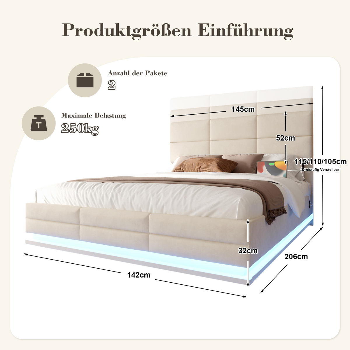 POLSTERBETT 140/200 cm beige mit höhenverstellbarem Kopfteil, USB-Anschlüssen und LED-Beleuchtung - Beige, Textil (140/200cm) - OKWISH