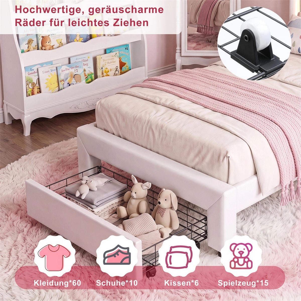 KINDERBETT 90 x 200 cm - höhenverstellbares Kopfteil mit LED-Beleuchtung und 1 Schublade - ohne Matratze - Weiß - Weiß, Textil (90/200cm) - DELFA