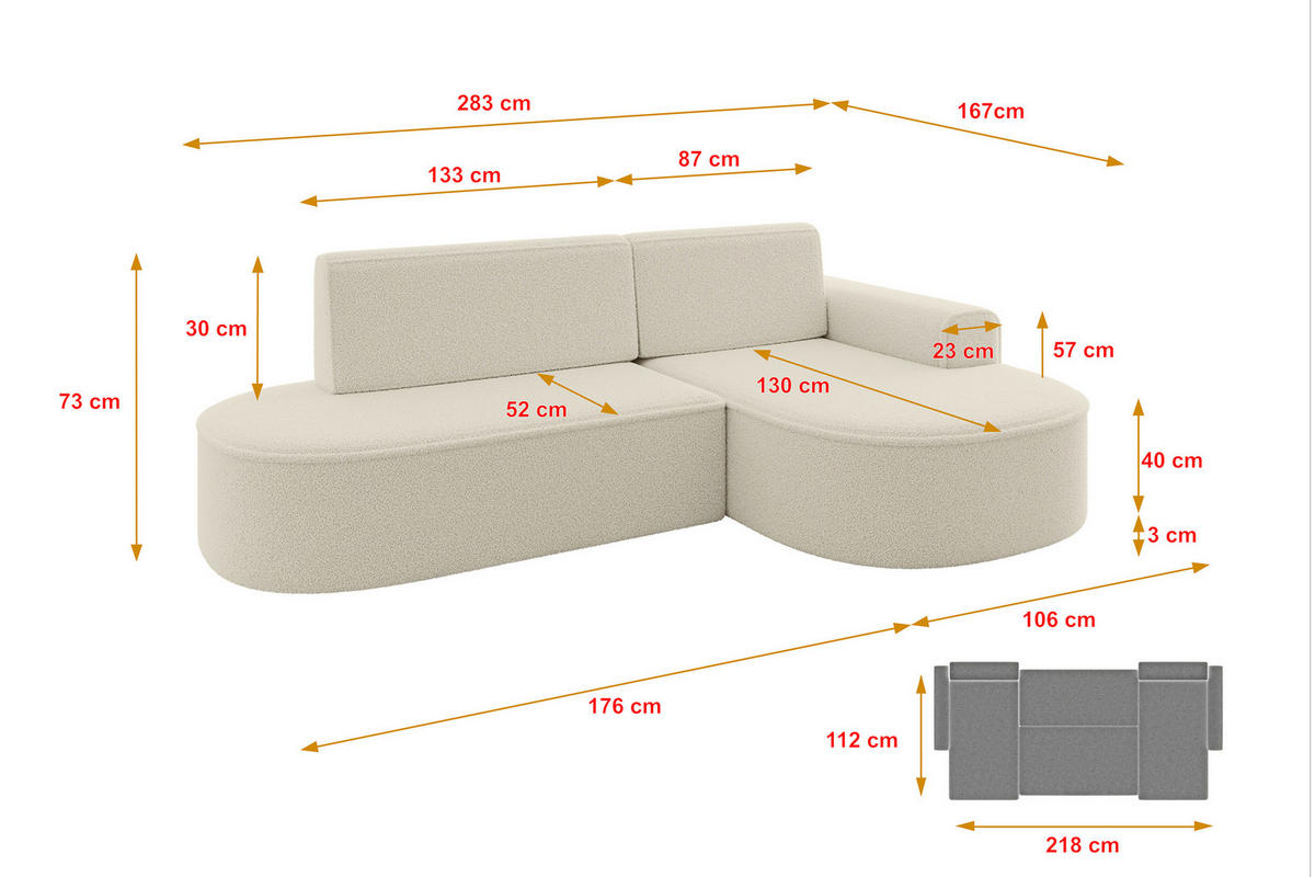ECKSOFA mit Schlaffunktion und Bettkasten Ottomane Rechts MARI-L1-S - 283x167x73 cm Beige Bouclé - Beige/Schwarz, Holzwerkstoff/Kunststoff (167/283cm) - ALTDECOR