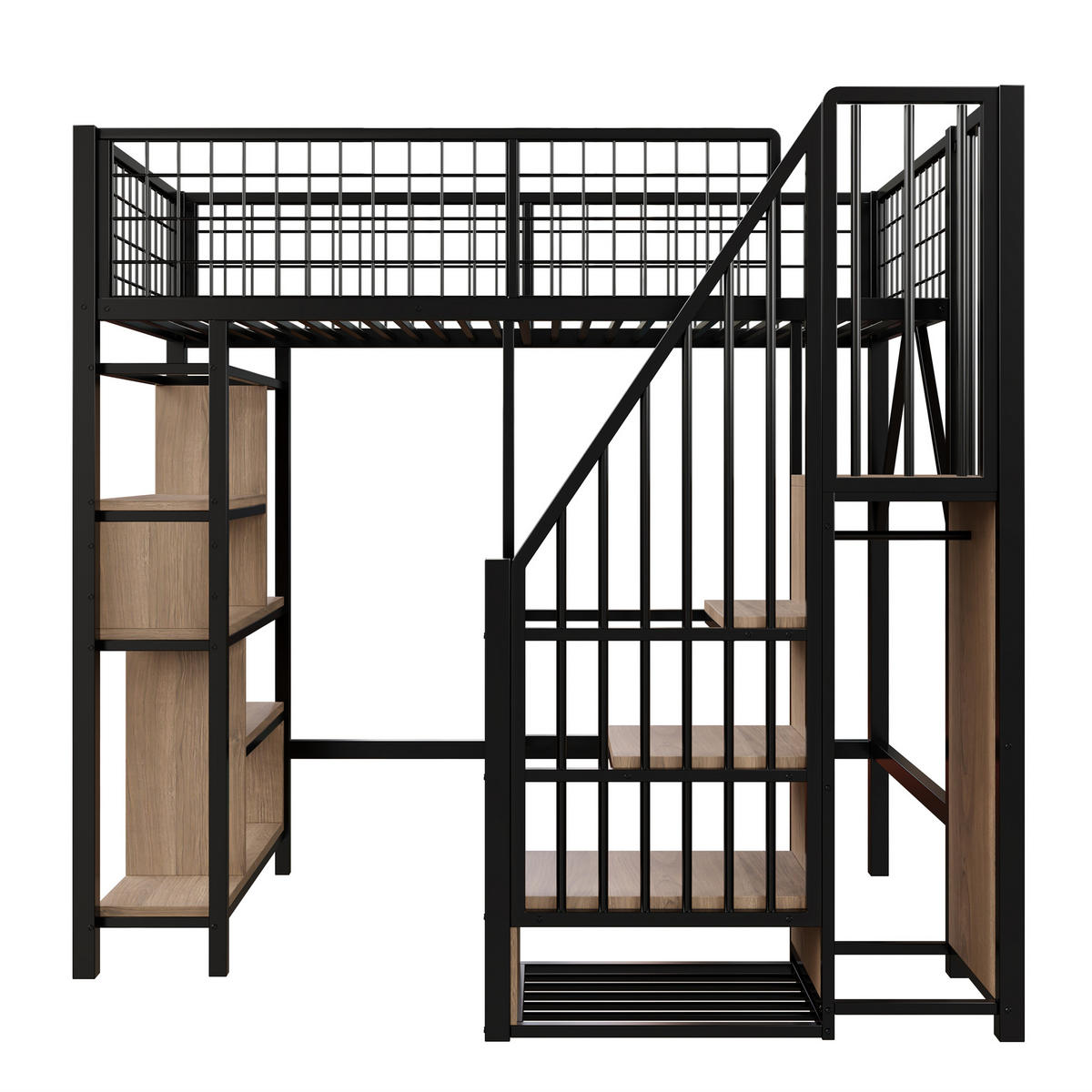 VYSOKÁ postel 90/200 cm černá se schodišťovým úložným prostorem a s odkládacími plochami - černá, kov (90/200cm) - OKWISH