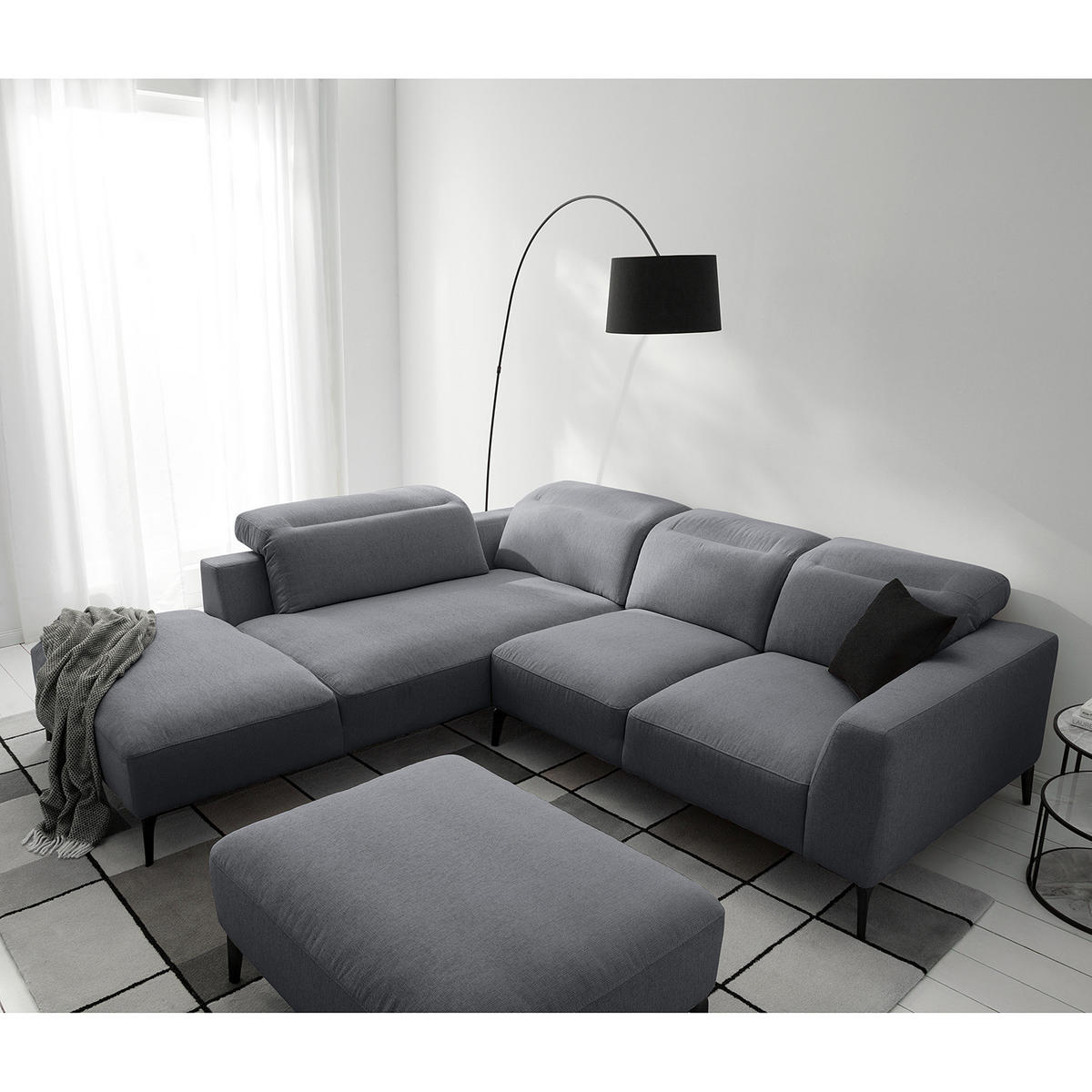 ECKSOFA mit Ottomane - Schwarz/Grau, Textil/Metall (263/238cm) - home24