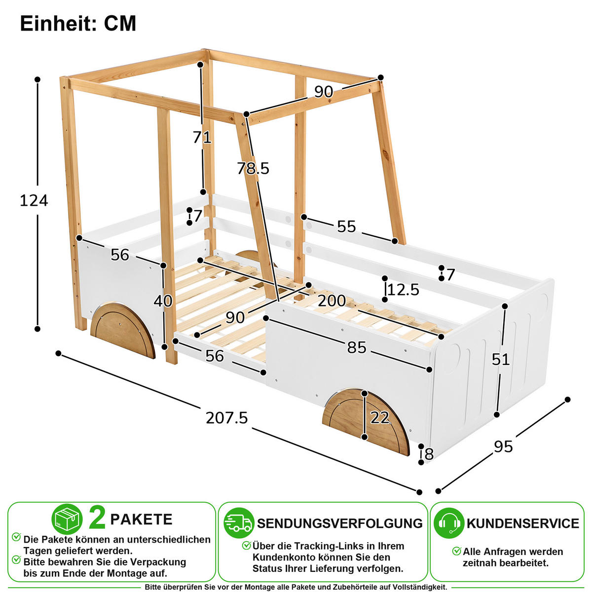 AUTOBETT 90/200 cm in Weiß & Natur im Auto-Design mit Schutzzäunen - Weiß/Naturfarben, Holz/Holzwerkstoff (90/200cm) - CHICFURN
