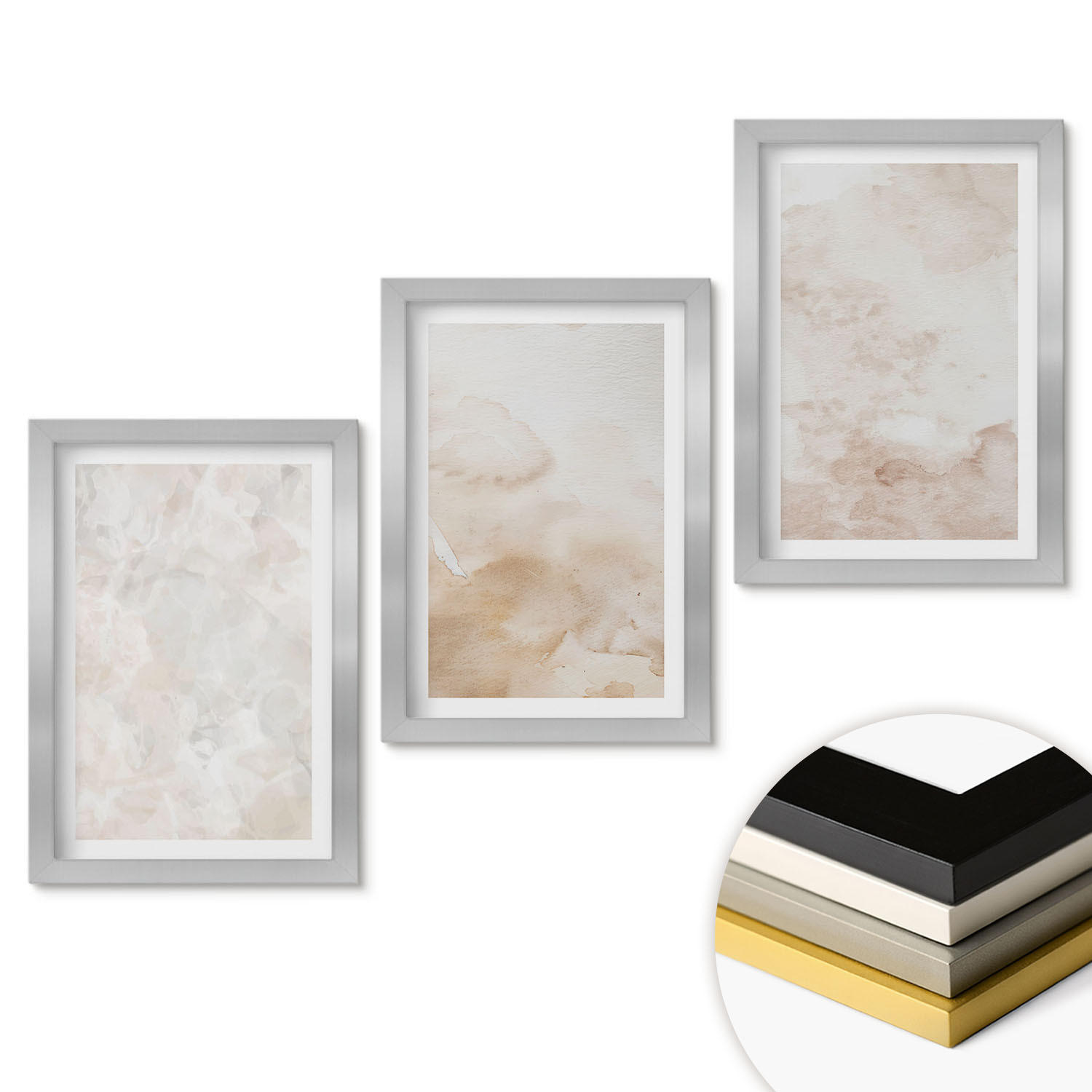 WANDBILDER 3er Set - 20x30 cm Silberner Rahmen - Modische Pastelltexturen - Silberfarben, Kunststoff (20/30cm) - ArtPrintCave