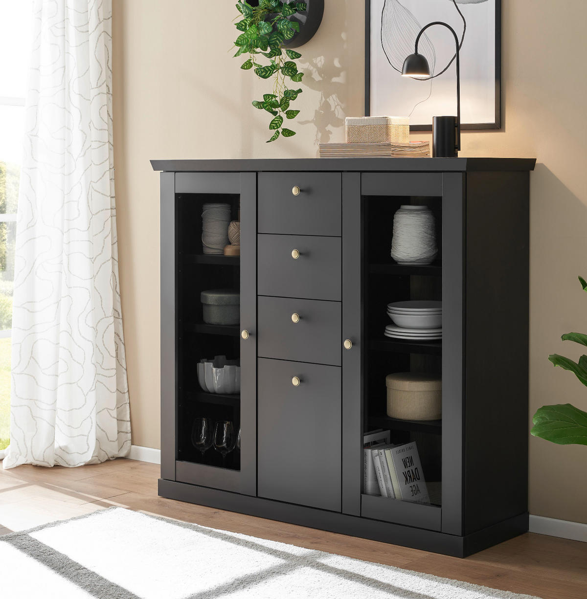 HIGHBOARD schwarz matt, Eiche 129 cm, Kommode Landhaus mit Soft-Close - Eichefarben/Messingfarben, Glas/Holzwerkstoff (129/117/42cm) - Furn.Design