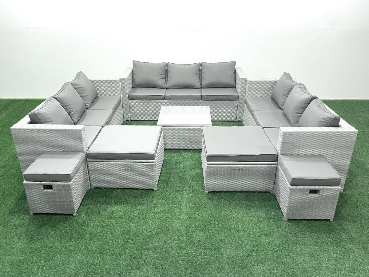 GARTENMÖBELSET mit 3-SITZER SOFA,COUCHTISCH Polyrattan Hellgrau-Mix 13-Sitzer - Hellgrau/Grau, Glas/Kunststoff - Fimous