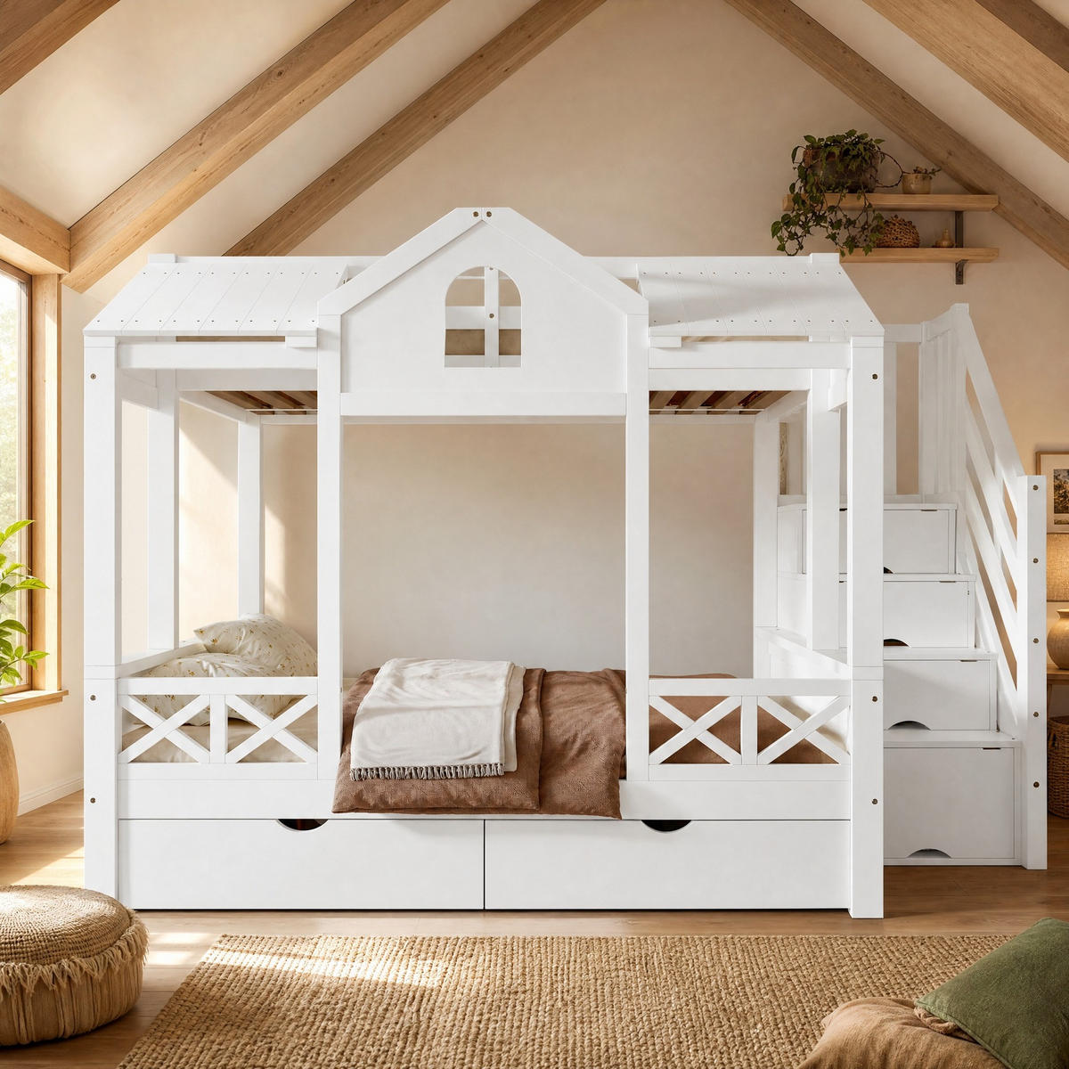 ETAGENBETT 90/200+140/200 cm mit Stauraumtreppe, Rollschubladen und Hausdesign in Weiß - Weiß, Holzwerkstoff (90/200cm) - EVRYAE