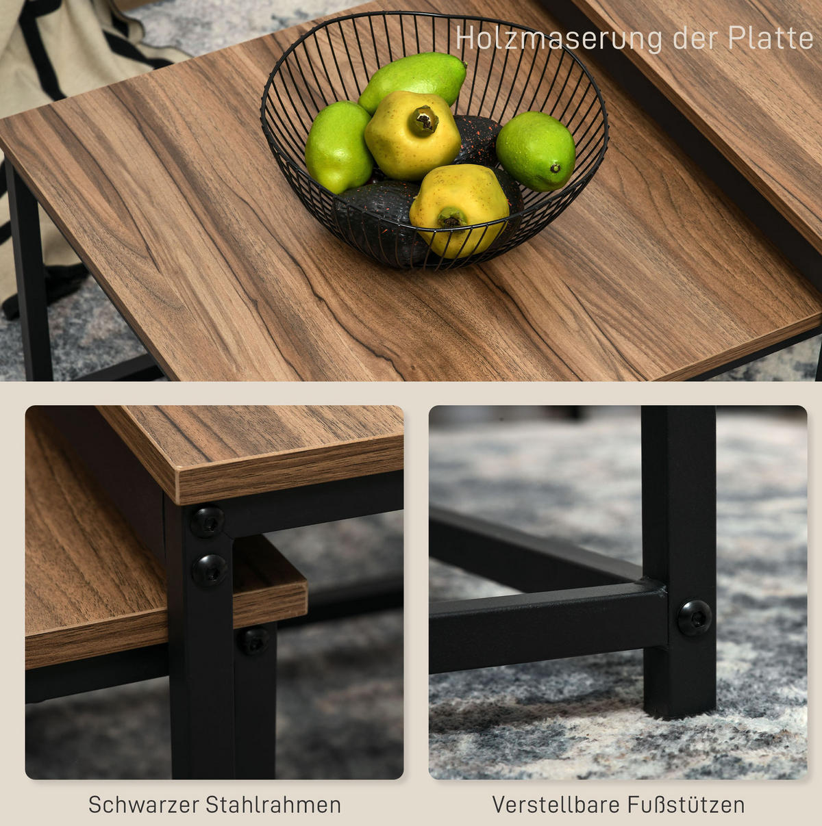 COUCHTISCH 2er-Set 60/60/45 cm in Holzoptik mit Stahlgestell - Naturfarben, Holzwerkstoff (60/60/45cm) - Flora Grace