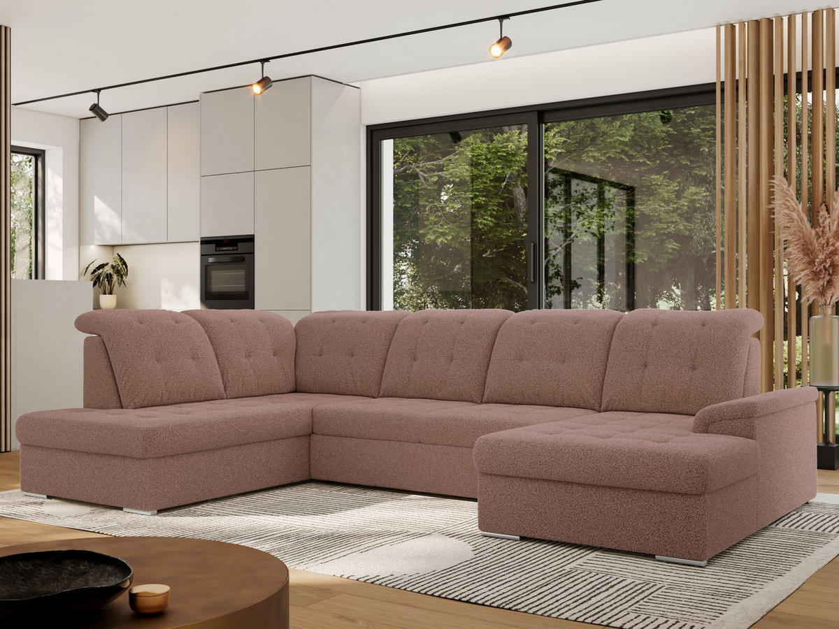 WOHNLANDSCHAFT MADRITO U - Rosa Boucle - Links - Silberfarben/Rosa, Textil/Metall (204/89/323cm) - MKS