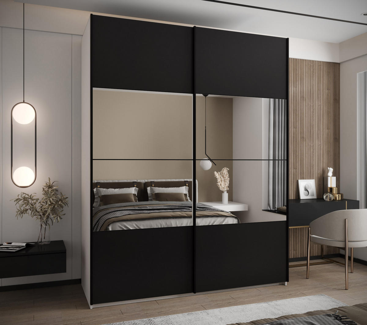 SCHWEBETÜRENSCHRANK 245,5/190/64 2-türig - Schwarz/Weiß, Holz/Metall (190/245/64cm) - Abiks Möbel