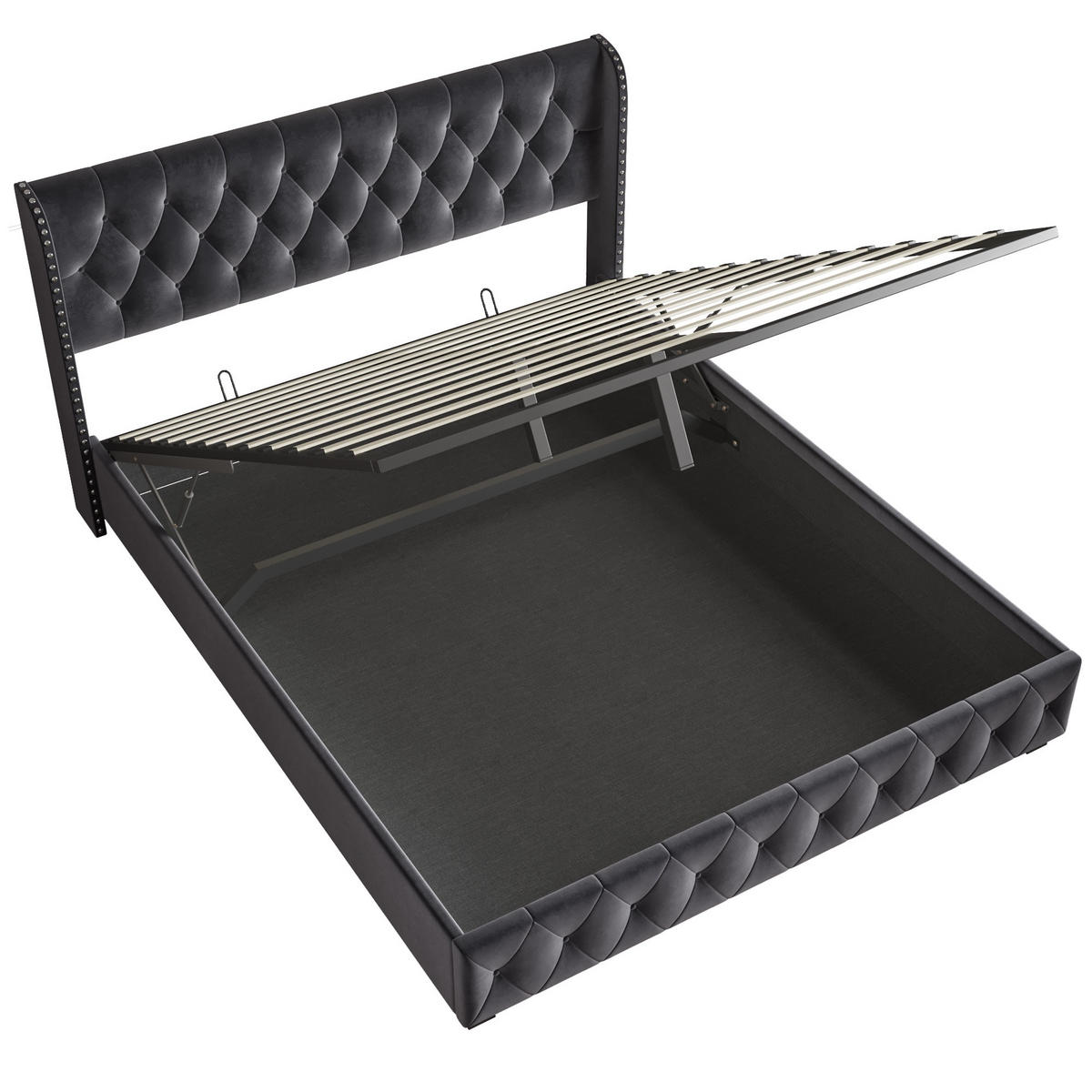 POLSTERBETT 140/200 cm, mit hydraulischem Stauraum, Lattenrost, Nietenverzierung, gepolstertesbett aus Samt, Grey - Grau, Holzwerkstoff (140/200cm) - Brevoria