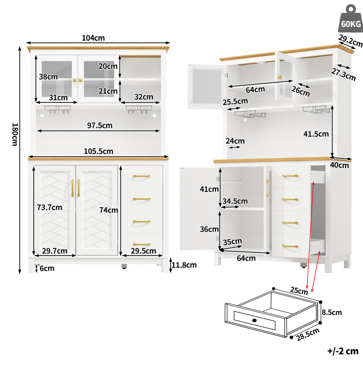 BUFFET 105,5/40/180 cm aus MDF mit LED-Lichtleiste Weiß - Weiß, Holzwerkstoff (105.5/180/40cm) - Modenvie
