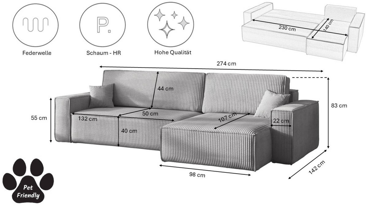 ECKSOFA Mit Schlaffunktion Und Bettkasten, Eckcouch BEST XL Stoff Poso Dicker Cord Grau Rechts - Schwarz/Grau, Holz/Kunststoff (274/142cm) - Kaiser Möbel