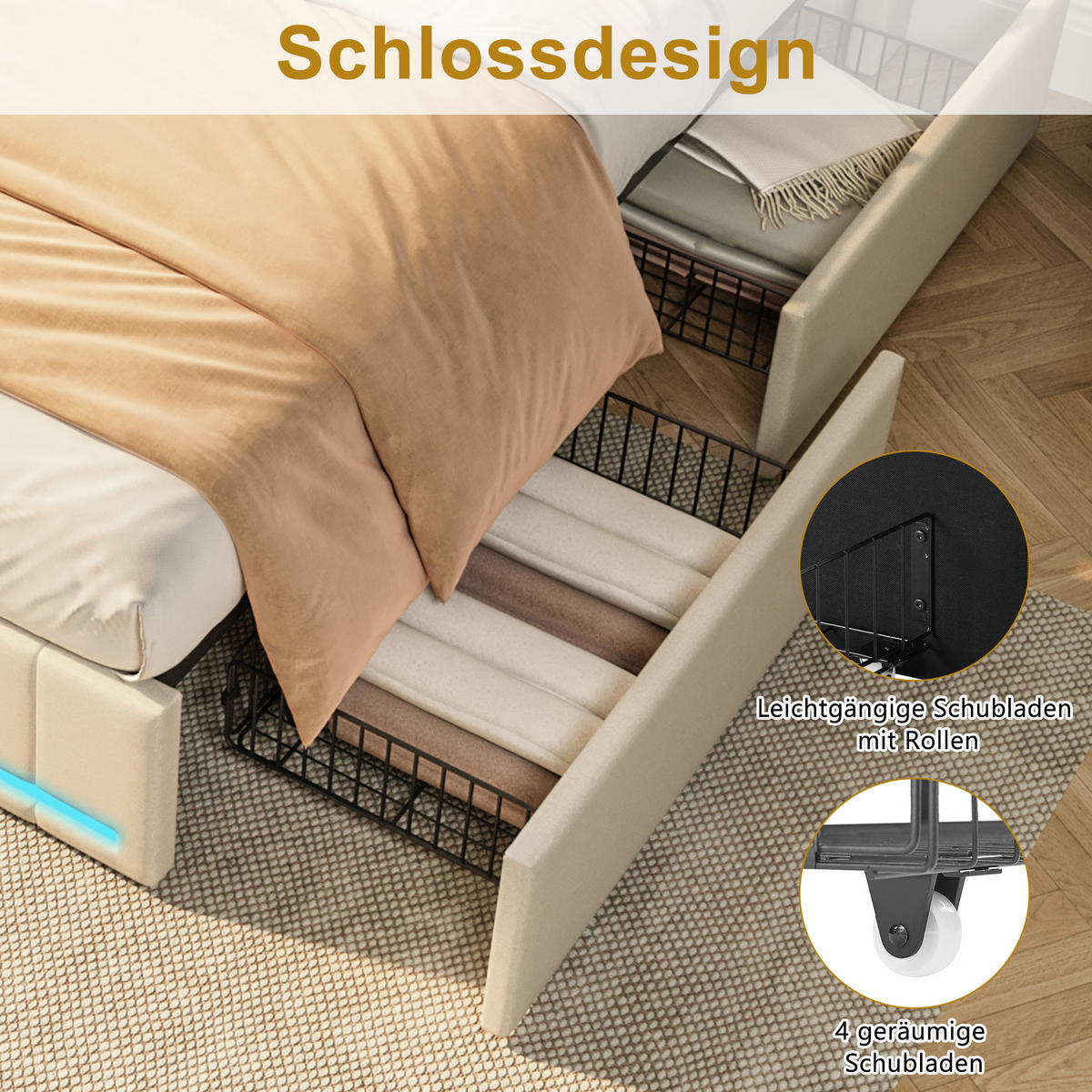 POLSTERBETT，BETT 160/200 cm mit Schubladen aus Leinen –Modernes Bett für das Schlafzimmer - Beige/Naturfarben, Holz/Textil (160/200cm) - FURNISHINGS HOME