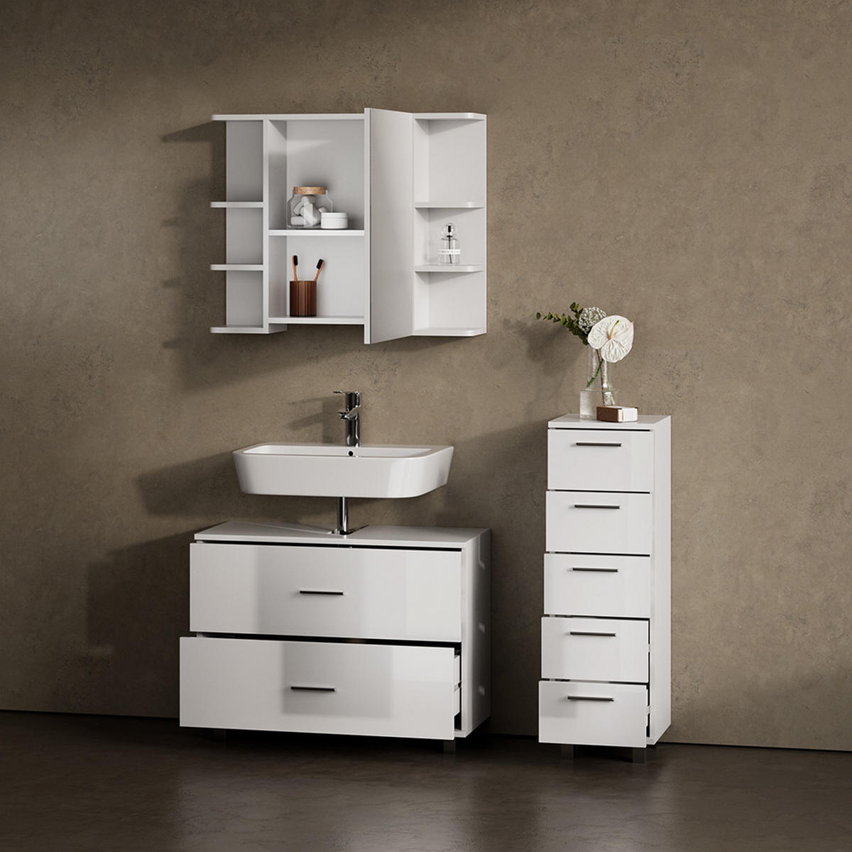 BADMÖBEL-SET Eisak Weiß Hochglanz 3 Teile, mit Unterschrank 80 cm - Weiß Hochglanz, Holzwerkstoff (80/60/33cm) - Livinity®