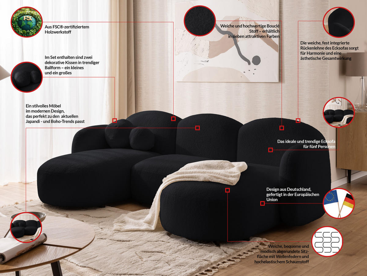 WOHNLANDSCHAFT Nuvola mit abgerundetem Design Schwarz Bouclé-Stoff - Schwarz, Holz/Kunststoff (268/80/146cm) - S-Style Möbel