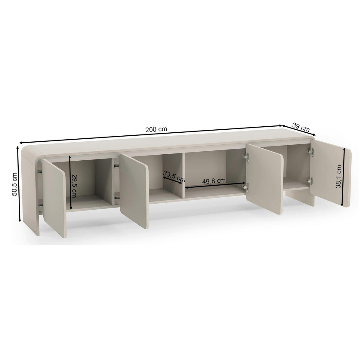 TV stolík so 4 dvierkami, Kašmír, 207cm - kašmírová, kov/kompozitné drevo (207/50.5/39cm) - Selsey