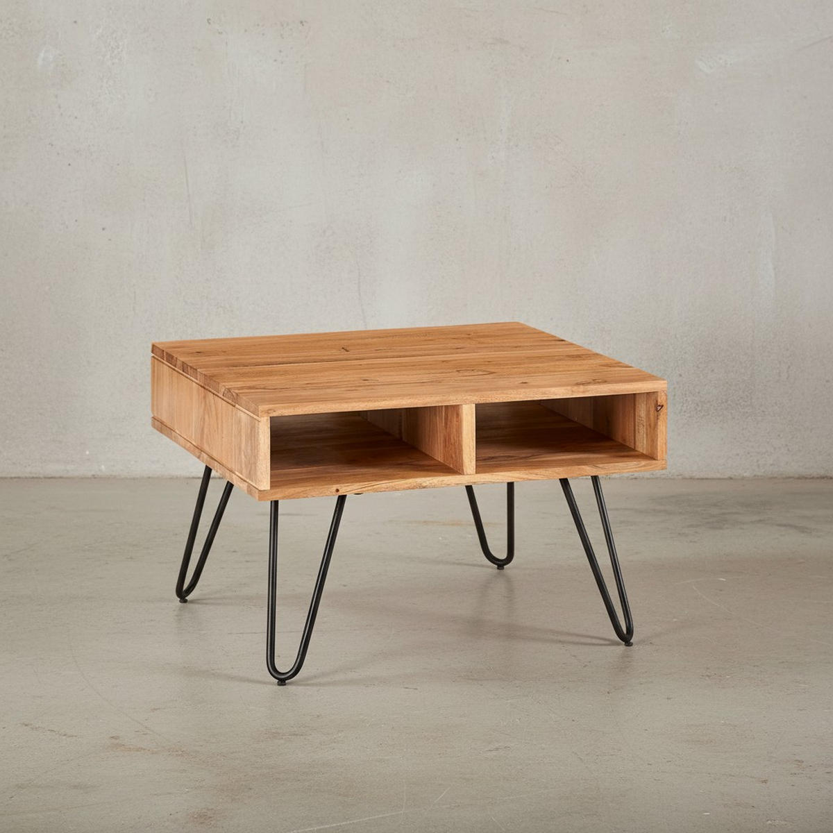 COUCHTISCH aus massivem Akazienholz mit Metallgestell und Stauraum im modernen Design - Beige/Schwarz, Holz/Metall (60/60/40cm) - KADIMA DESIGN