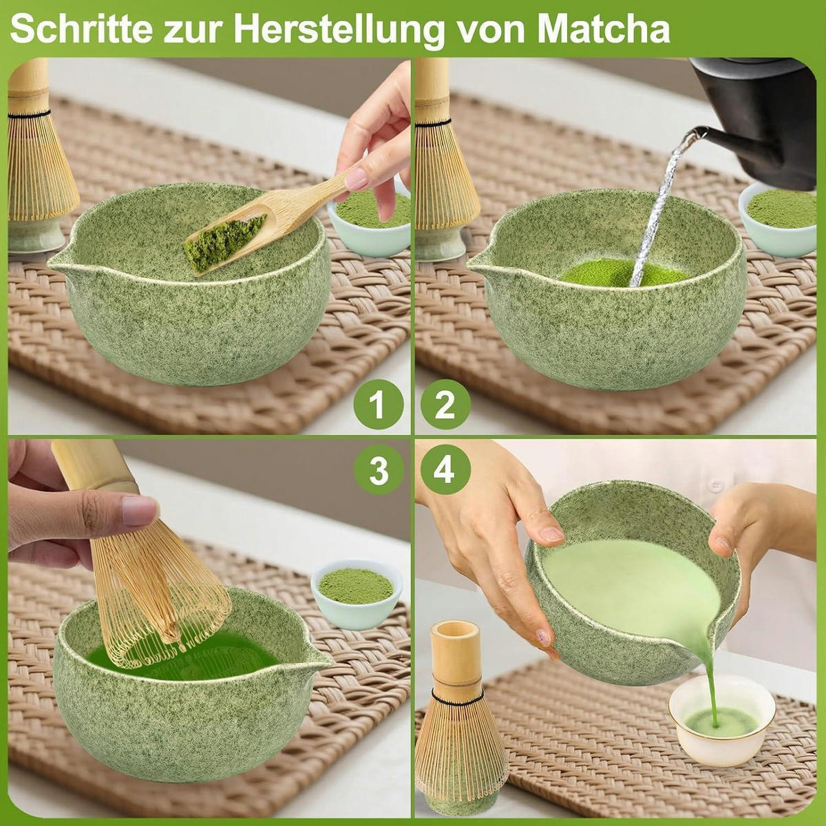 MATCHA Set 6-teiliges Set mit Bambusbesen und Schale - Grün, Keramik (115/108/130cm)