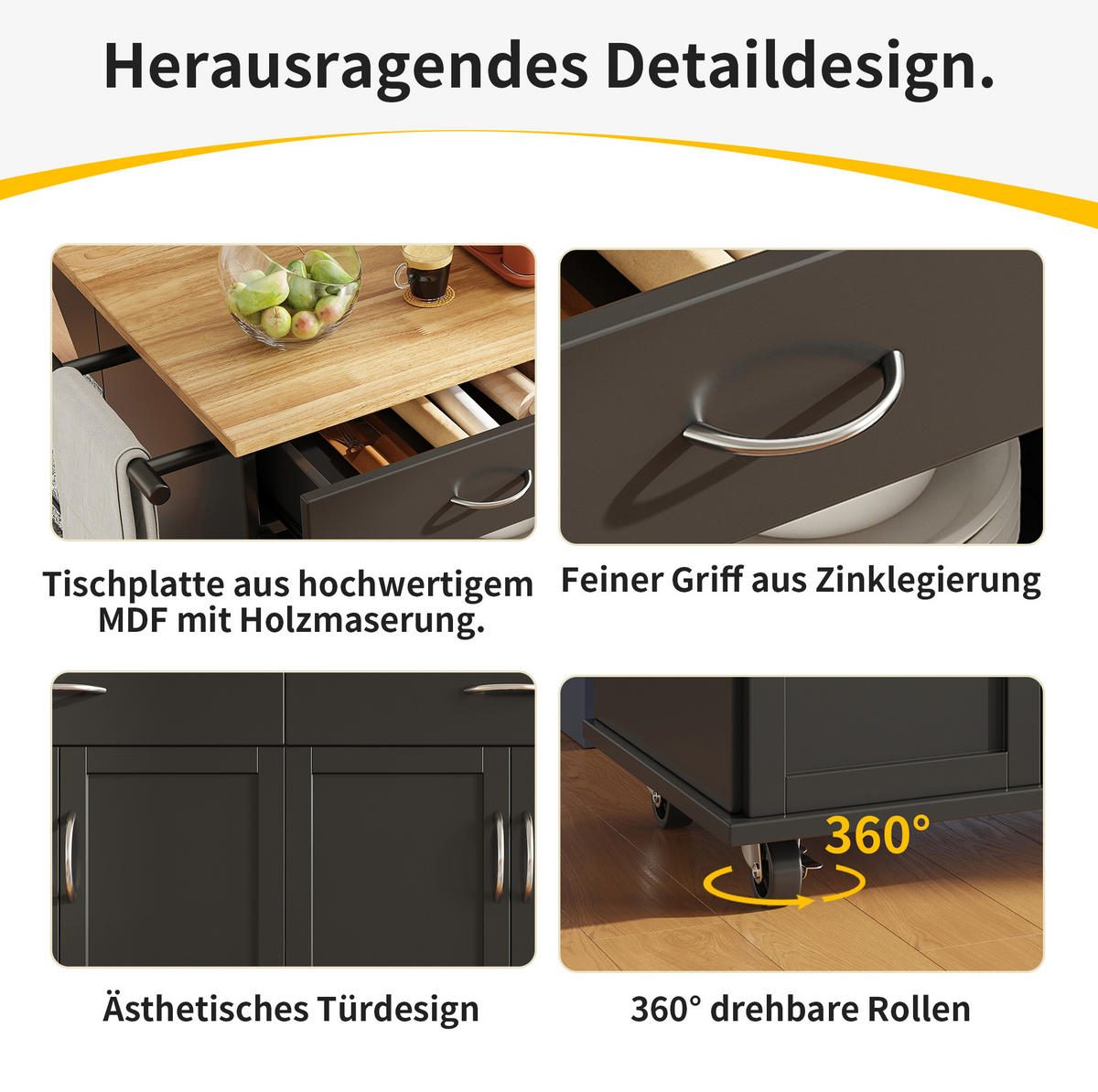 KÜCHENINSEL 106x78x90.5cm Schwarz mit Klapptisch & Rädern - Schwarz, Holzwerkstoff (106/90.5/78cm) - Modfu