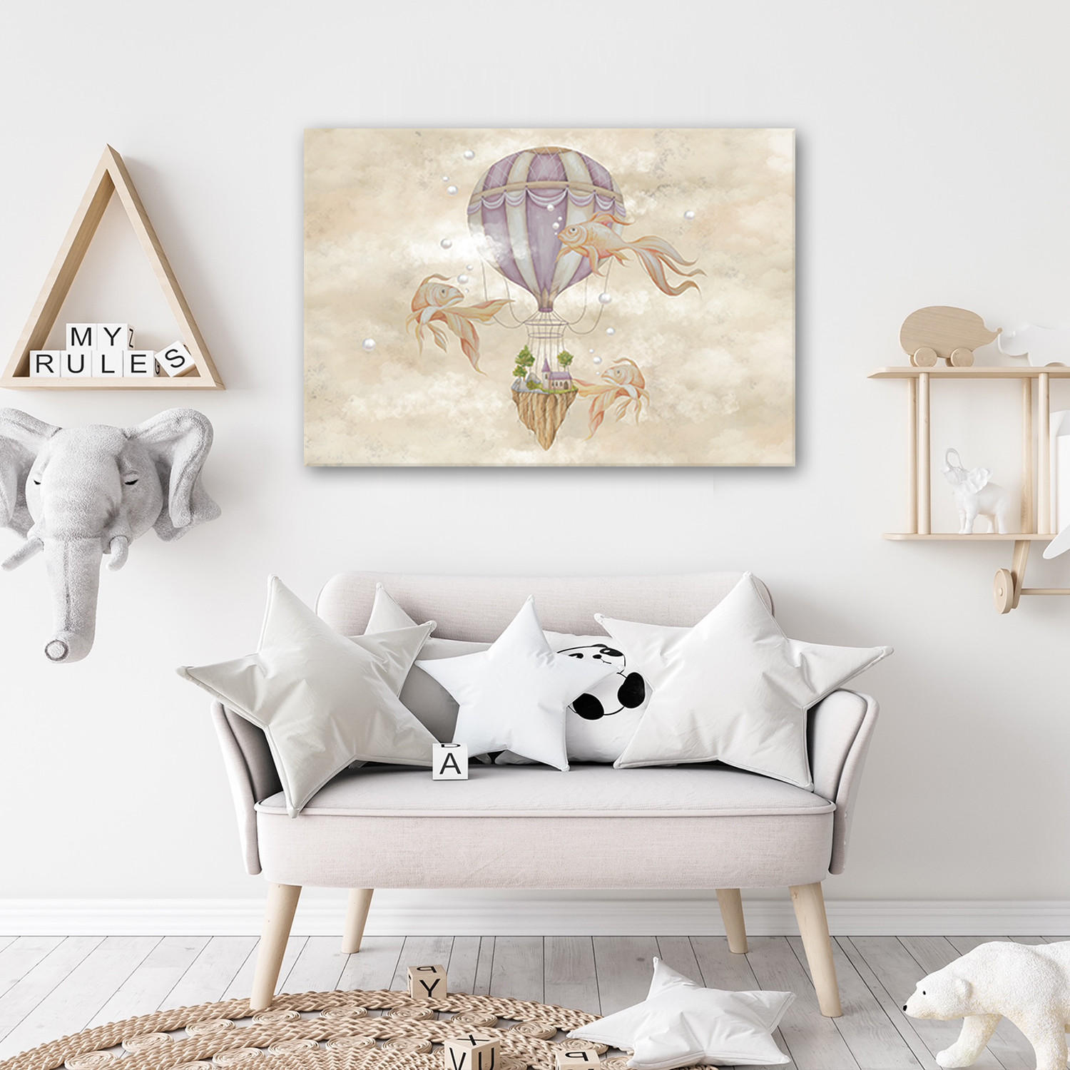 WANDBILD heißluftballon fliegendes haus und fisch - Beige, Textil (60/40cm) - Feeby