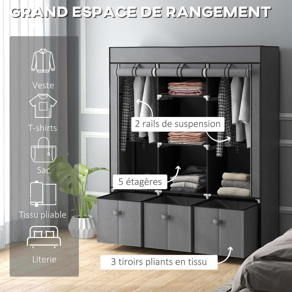STOFFSCHRANK DE-17176 klappbar mit 2 Kleiderstangen & 5 Regalböden - Grau, Textil (43/162.5/125cm) - ComfortXL