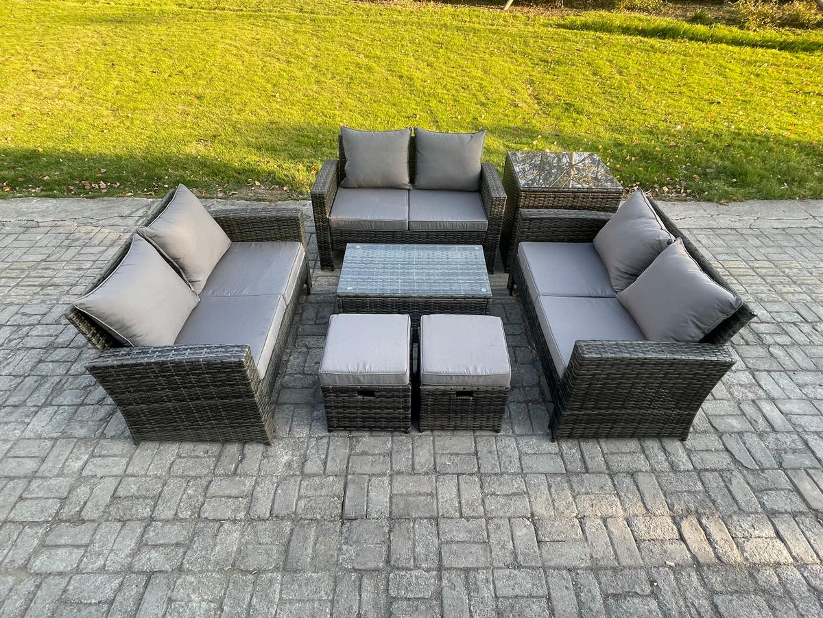 GARTENMÖBEL-SET mit Kissen Polyrattan Dunkelgrau 8-Sitzer - Dunkelgrau, Metall - Fimous